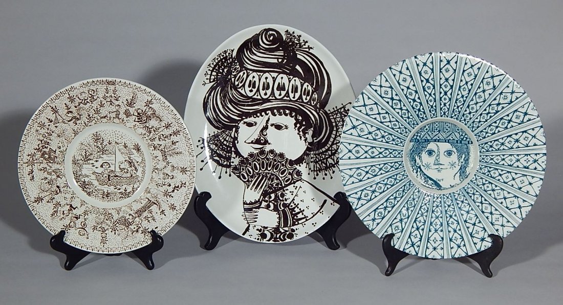 3 Bjorn Wiinblad pottery plates: 3 Bjorn Wiinblad pottery plates / wall plates for Nymolle, including ''Donna Elvira'' design, marked on bottom, good condition. 12'' dia.; 10 1/4'' dia.; 13 3/4 x 11''