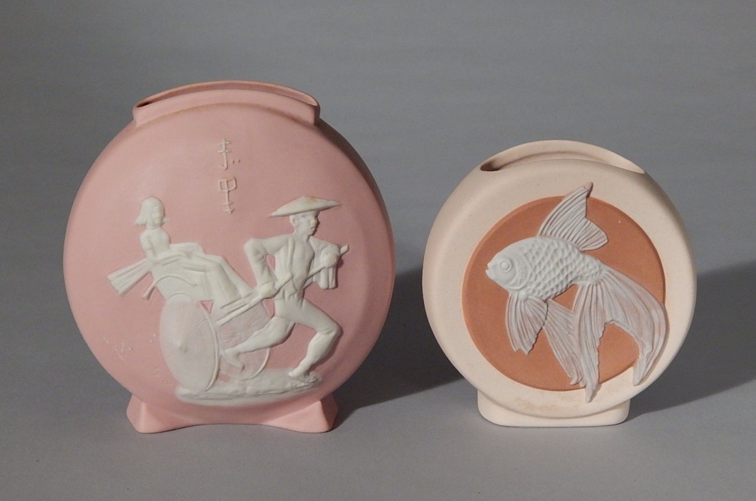 Howard Pierce Pottery Jasperware vase: Howard Pierce Pottery Jasperware vase, decorated with a fish, marked 'Howard Pierce' on bottom; along with McCarty Brothers vase, depicting an Asian Scene, marked 'McCarty Brothers' on front and botto
