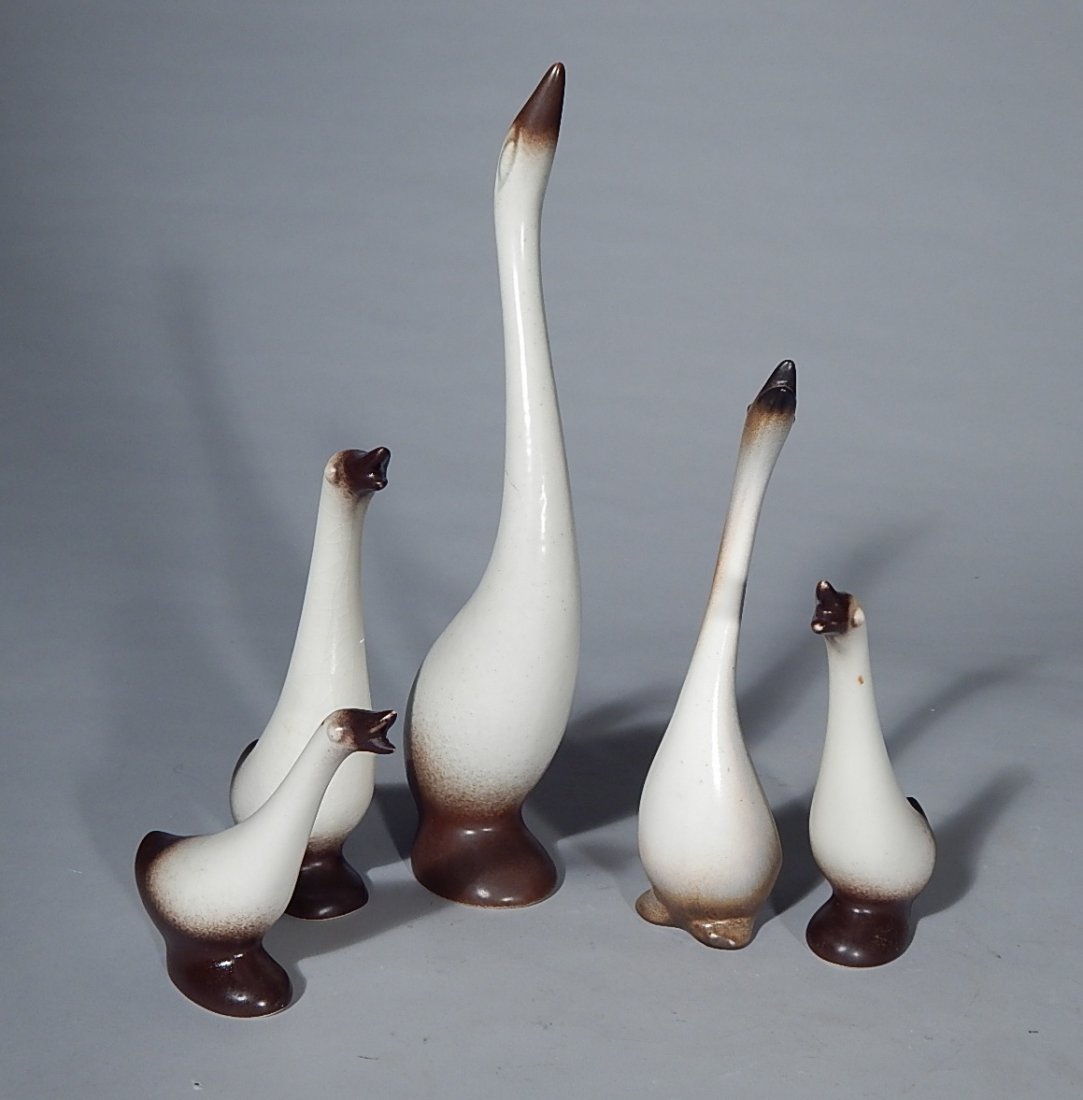 5 Howard Pierce Pottery pieces: 5 Howard Pierce Pottery pieces- Tan Geese, 4 stamped 'Howard Pierce', 1 marked 'Pierce 250P', various crazing, otherwise good condition. 14 1/4''h; 9 3/4''h; 8 1/2''h; 7''h; 5 5/8''h