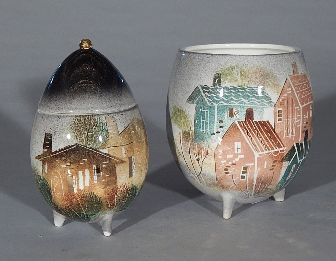 Sascha Brastoff pottery vase and container: Sascha Brastoff pottery footed vase and footed and covered container with village scene, marked on bottom, very good condition. 6 3/4''h; 7 1/2''
