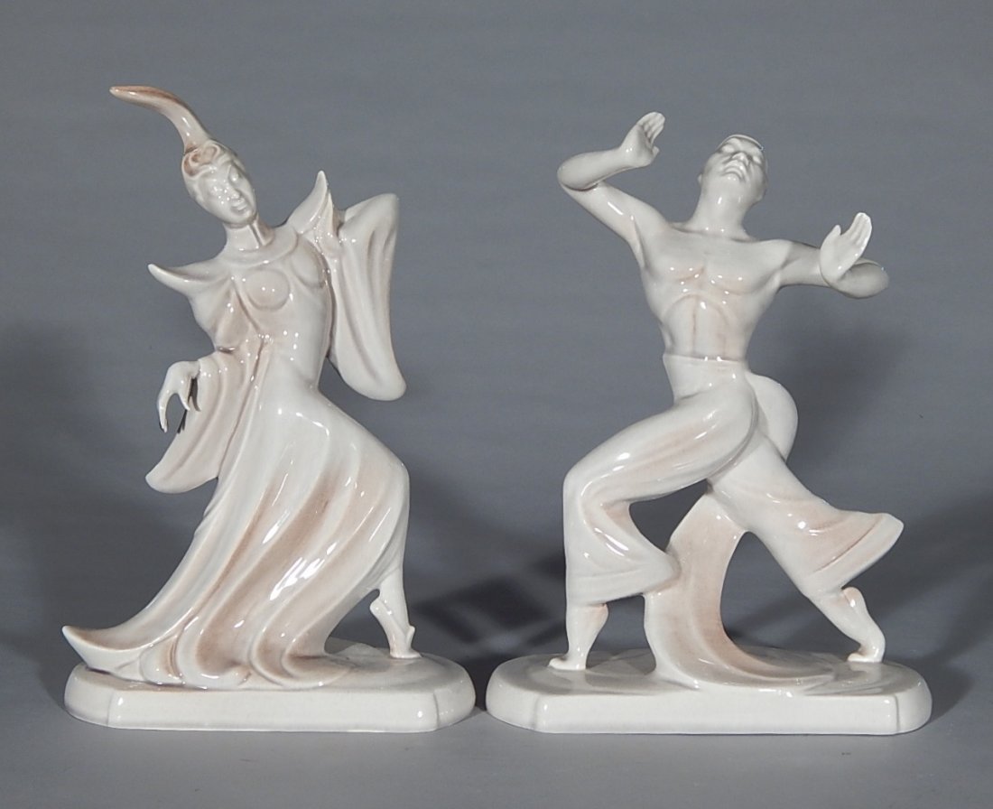 Pair of Roselane Pottery Balinese figurines: Pair of Roselane Pottery Balinese dancing figurines, marked 'Roselane, 401' and '402', both with original stickers on bottom, good condition. 11''h; 11 1/2''h