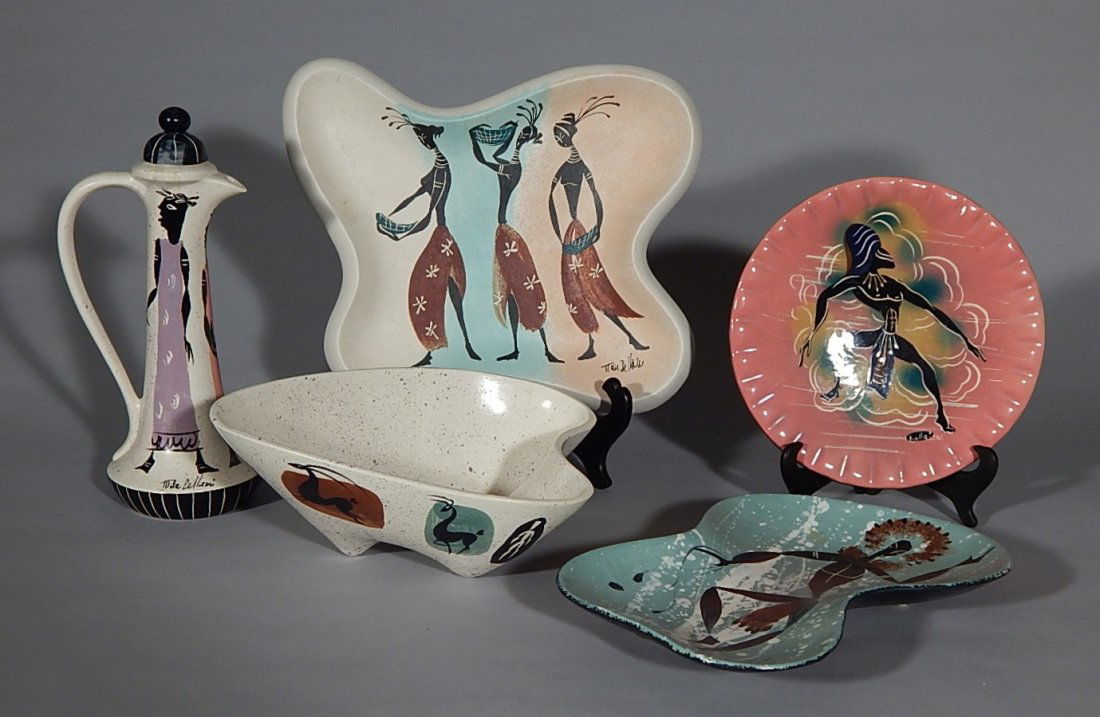 5 Marc Bellaire Art Pottery pieces: 5 Marc Bellaire Art Pottery pieces- bowl, circular ashtray, 2 trays, and pitcher- in various patterns, all signed, good condition, various sizes.