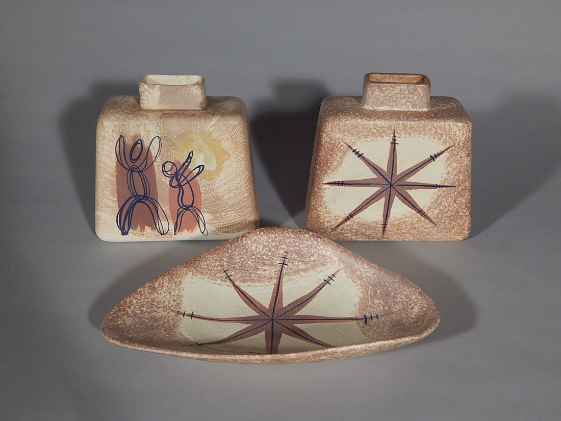 3 Marc Bellaire Art Pottery pieces: 3 Marc Bellaire Art Pottery pieces- 2 lamp bases and tray, 'Polynesian Star' and Figures Dancing- all signed on bottom, good condition. 7 1/2''h (2); 12 3/4 x 8 x 2 1/2''