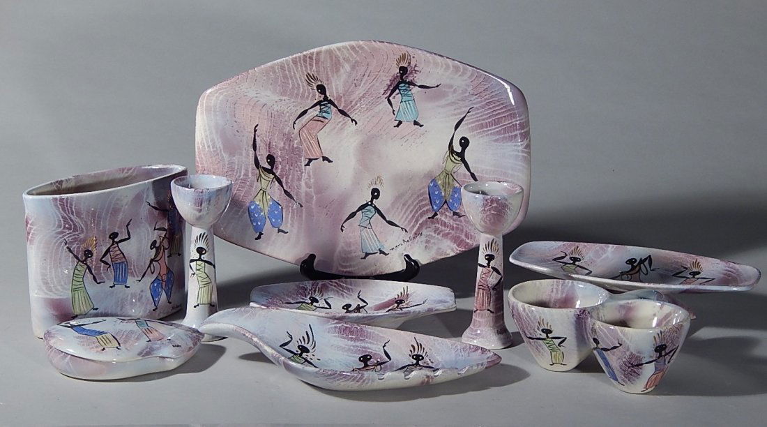 8 Marc Bellaire California pottery pieces: 8 Marc Bellaire California pottery pieces in ''Balinese Dancers'' pattern- pair of candlesticks; vase; small covered dish; dish; platter; small footed platter; and large ashtray- all signed on front a