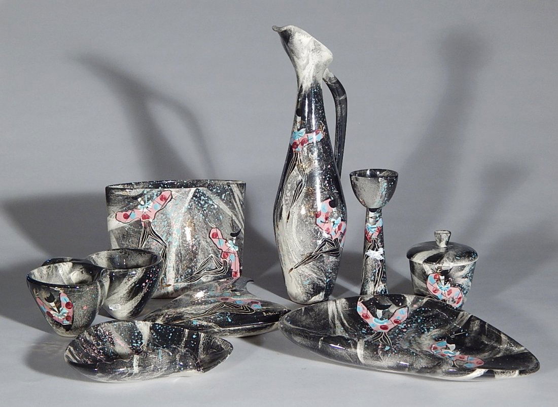 8 Marc Bellaire California pottery pieces: 8 Marc Bellaire California pottery pieces, in ''Mardi Gras'' pattern- pitcher, repair to handle; candlestick; vase; covered container; covered dish; two-section dish; large ashtray; and small ashtray-
