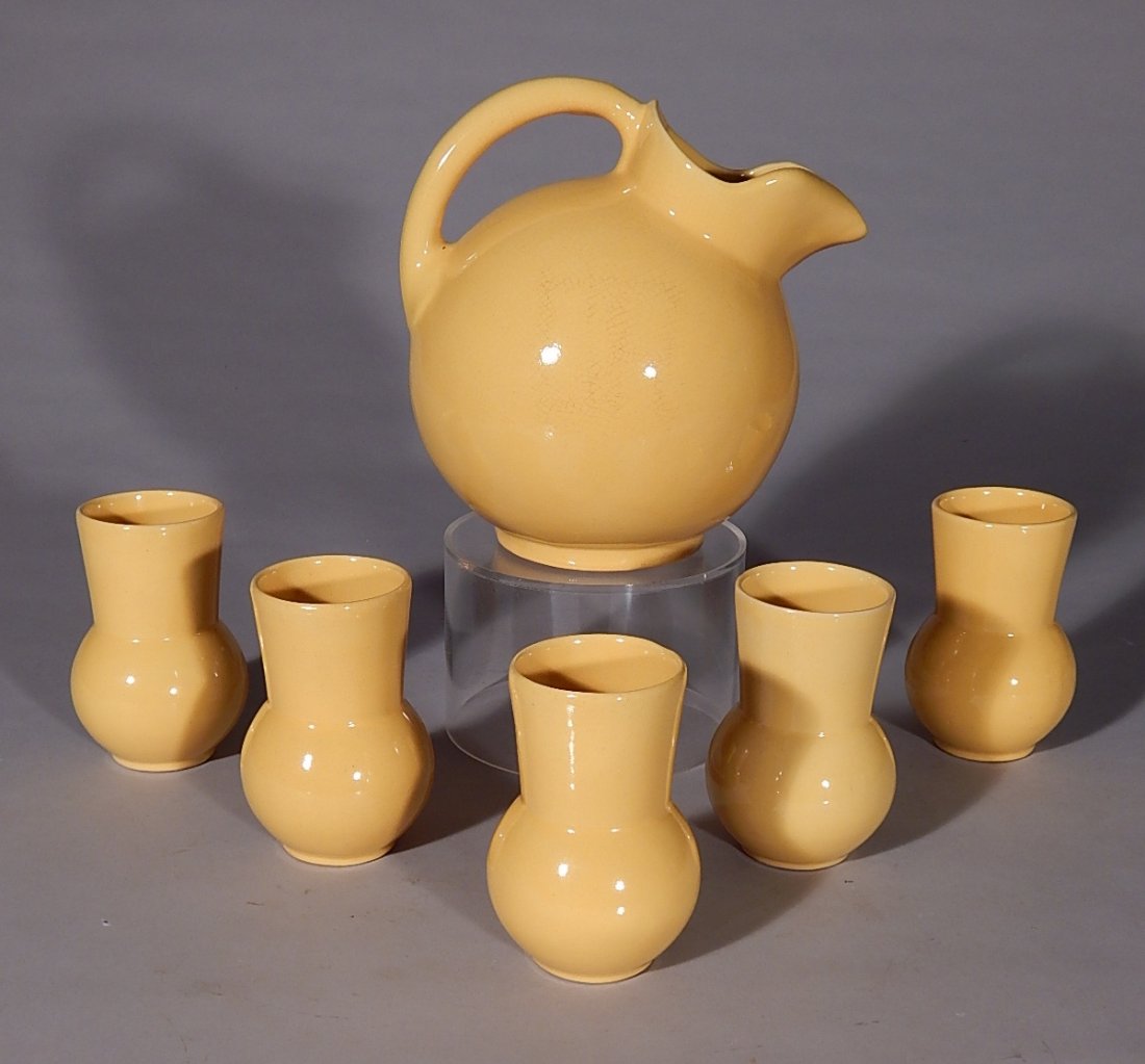 Mid-Century Modern pottery set: Mid-Century Modern pottery set- titled Ball Pitcher, with 5 tumblers, good condition. 9''h; 5''h