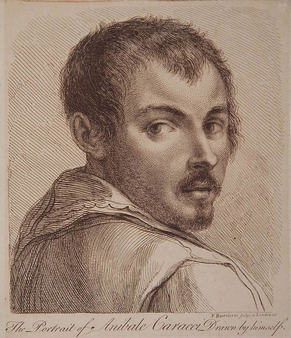 Francesco Bartolozzi after A. Carracci etching: Francesco Bartolozzi after A. Carracci- Portrait of Annibale Carracci- etching, light struck. 8 1/8 x 7''