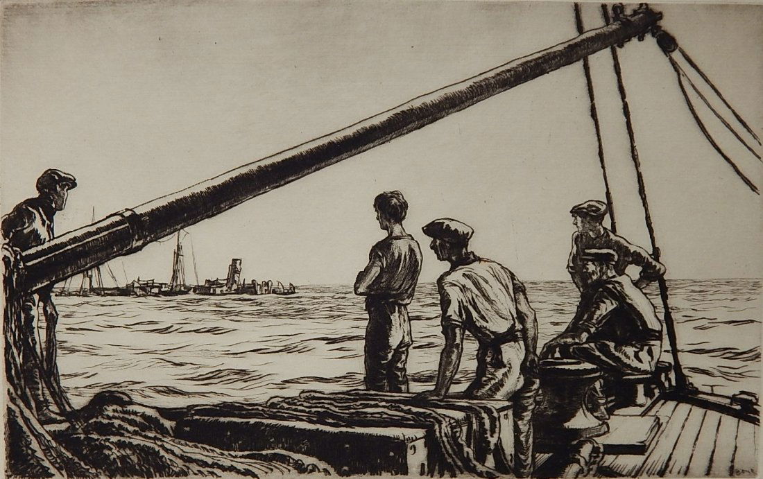 Muirhead Bone drypoint: Muirhead Bone (British 1876-1953)- ''Salvage Men Approaching A Torpedoed Ship'' (Dodgson / Wright 360)- drypoint, 1919, signed in pencil, good condition. 5 1/8 x 8 1/4''