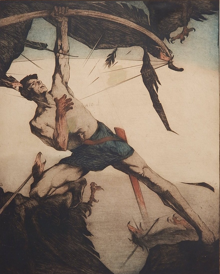 Maurice Langaskens drypoint: Maurice Langaskens (Belgian 1884-1946)- ''Le Combat''- drypoint in colors, ca. 1920, signed, titled and numbered 41/150 in pencil and inscribed illegibly in black color pencil, 2 areas of image touche