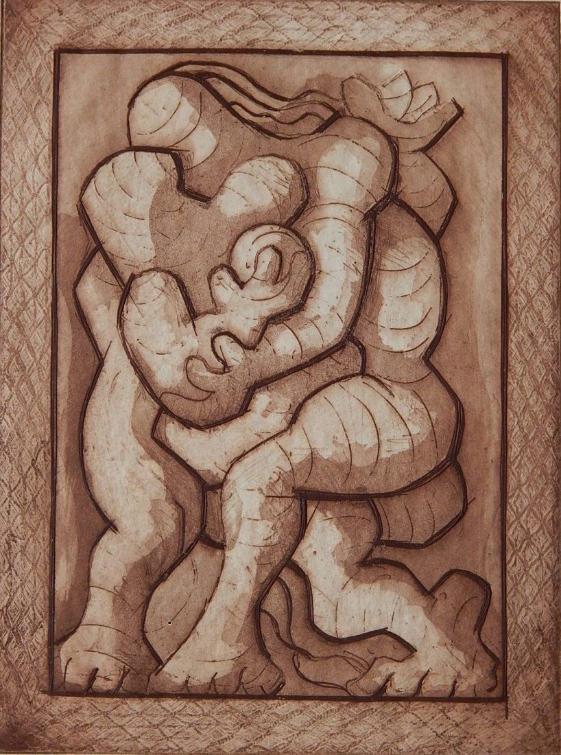 Jacques Lipchitz etching: Jacques Lipchitz (French 1891-1973)- ''Couple et Enfant''- etching, engraving and aquatint, ca. 1940, signed and numbered 8/65, slightly light struck. 12 x 8 7/8''