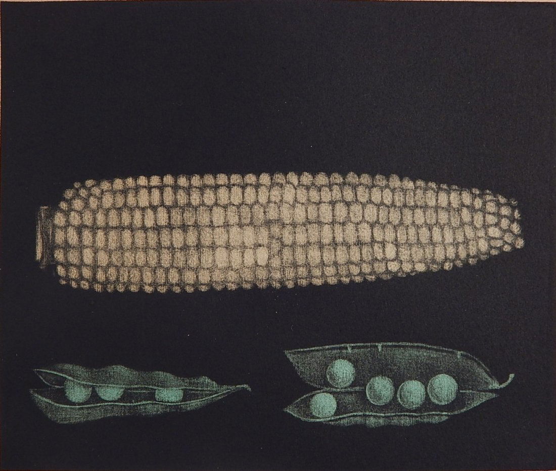 Tomoe Yokoi mezzotint: Tomoe Yokoi (Japanese 1942- )- ''Corn and Green Peas''- mezzotint in colors, signed, titled and numbered 40/50 in pencil, slightly light struck. 5 7/8 x 7''
