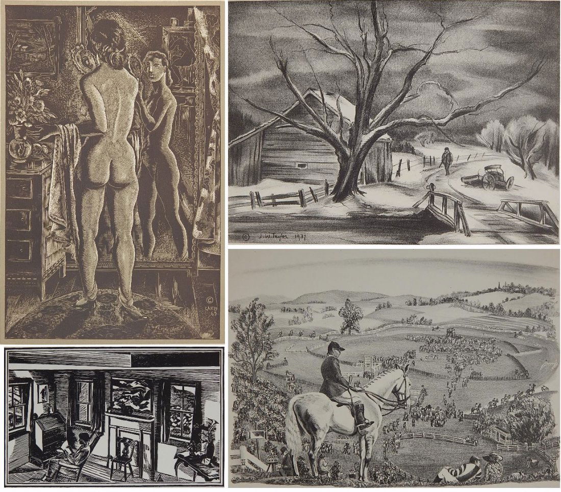 4 AAG prints: 4 AAG prints- 1.) Fiske Boyd- ''Interior''- woodcut; 2.) Prentiss Taylor- ''Steward Course and Paddock''- lithograph; 3.) Jack Taylor- Winter Afternoon- lithograph; 4.) Emil Ganso- Studio Mirror- wood