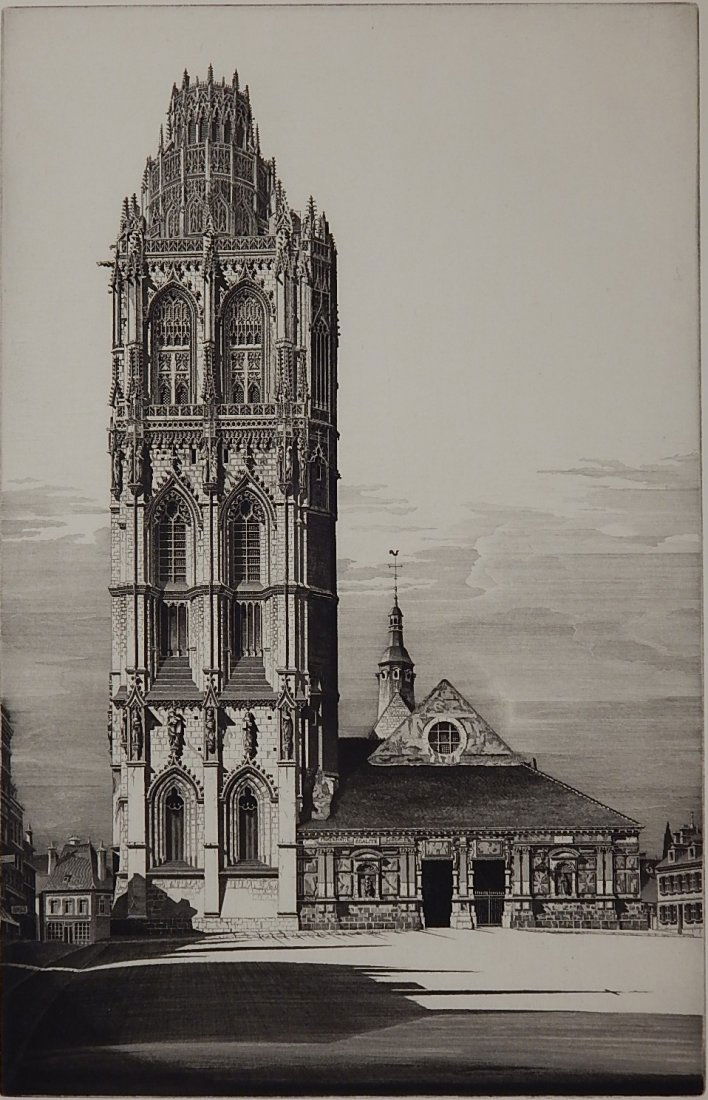 John Taylor Arms etching: John Taylor Arms (American 1887-1953)- ''Aspiration, La Meadelein'' (Fletcher 329)- etching, 1939, signed, dated and annotated 'v' in pencil. 15 7/16 x 10''