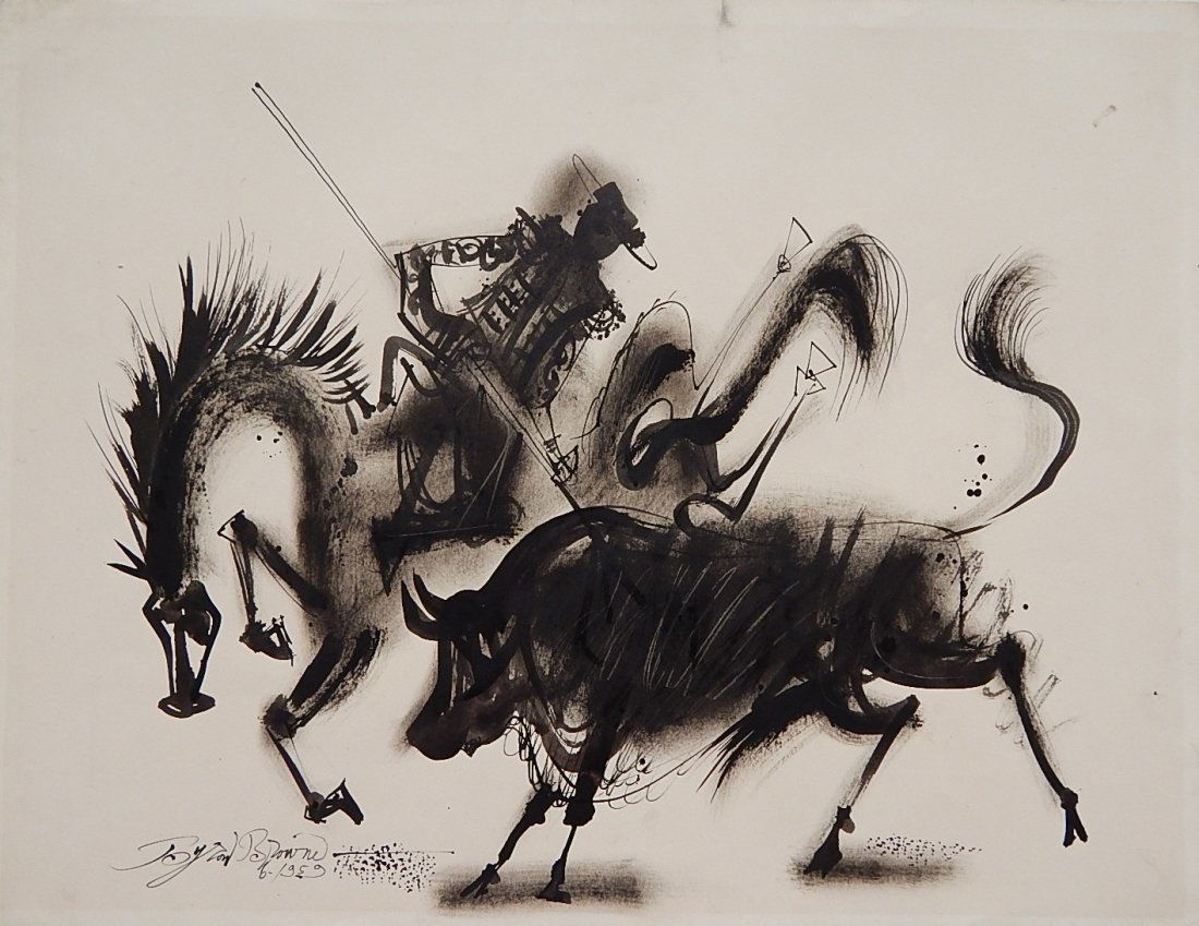 Byron Browne ink: Byron Browne (American 1907-1961)- El Picador- ink on paper, 1959, signed Byron Browne 1959 lower left. 18 x 25''