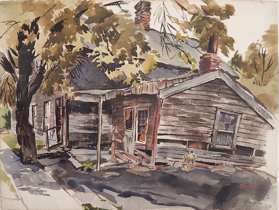 Ruth Van Sickle Ford watercolor: Ruth Van Sickle Ford (American 1897-1980)- ''WPA Cabins''- watercolor on paper, signed R. Ford AWS lower right. 22 x 29''