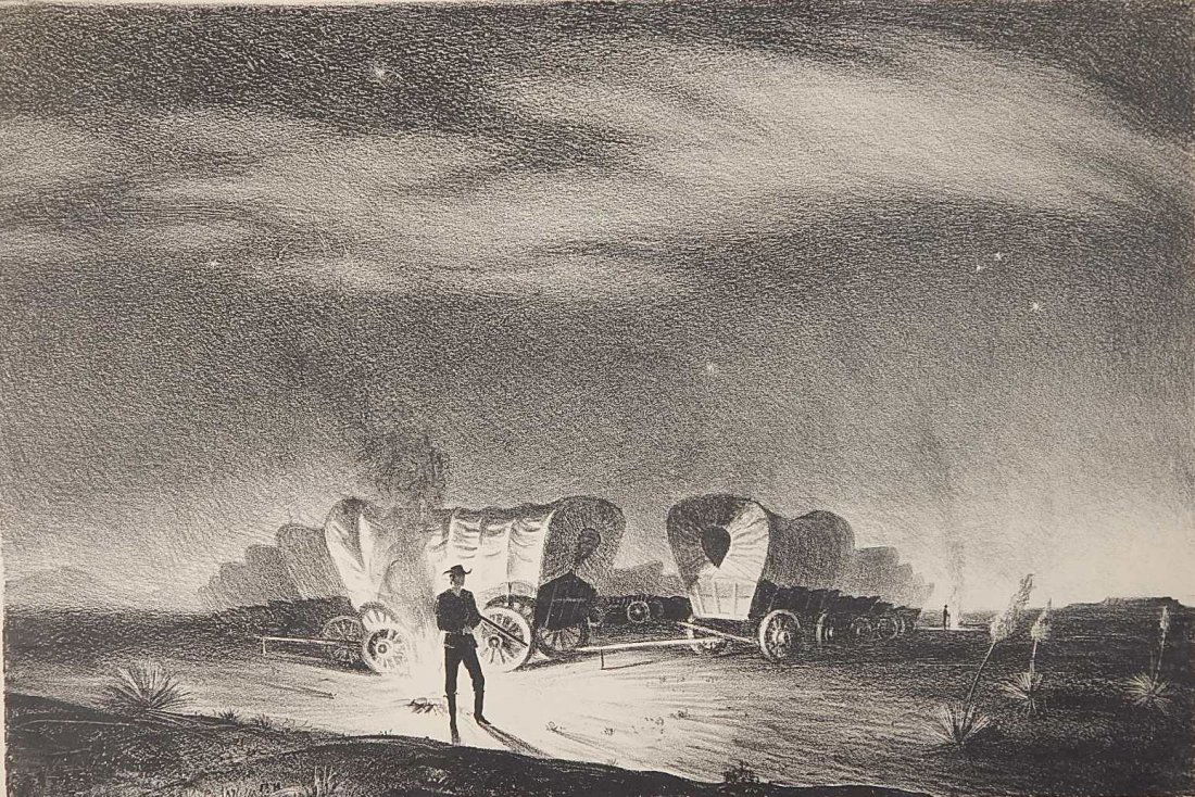 Peter Hurd lithograph: Peter Hurd (American 1904-1984)- ''The Sentinel - Santa Fe'' (Meigs LVI)- lithograph, ca. 1946, signed in pencil, edition of 500, some minor foxing. 13 x 19 1/4''