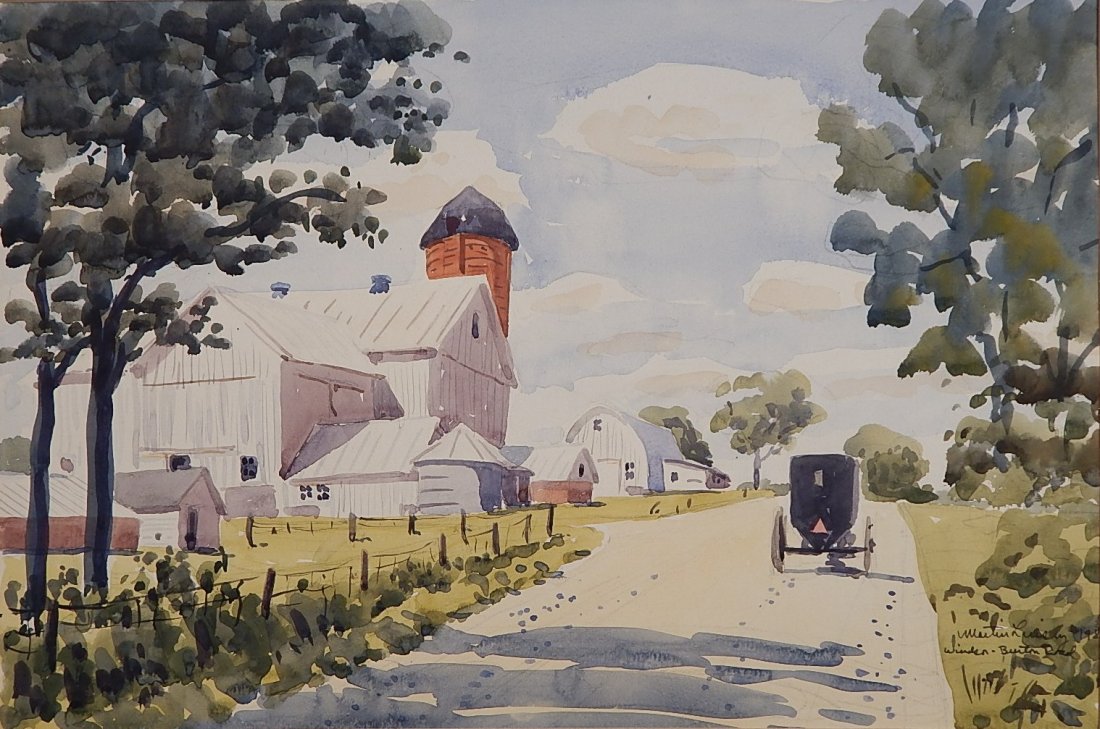 Martin Linsey watercolor: Martin Linsey (American 1915-2010)- ''Amish Buggy on The Windsor-Burton Road''- watercolor on paper, 1981, signed, titled and dated lower right. 14 x 21''