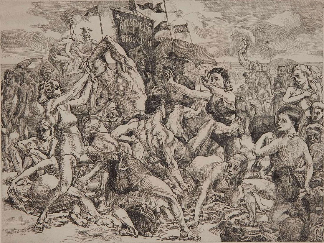 Reginald Marsh etching: Reginald Marsh (American 1898-1954)- ''Coney Island'' (Sasowsky 159)- etching, ca. 1936, edition of about 200, published by AAG, slight mat burn. 9 x 11 7/8''