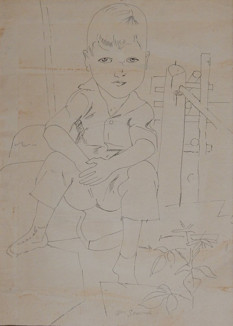 William Sommer pen and ink: William Sommer (American 1867-1949)- ''Sunday Boy''- pen and ink on paper, signed Wm. Sommer lower right, paper age toned, some staining, laid down. 15 1/4 x 11''