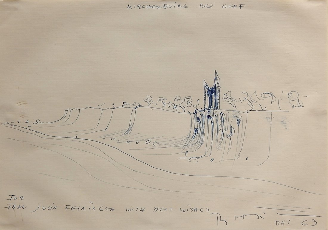 20th c. American School pen and ink: 20th c. American School- "Kirchenruine en Hoff"- pen and ink on paper, 1963, signed (illegibly) and dated in pen, annotated 'For Julia Feininger with Best Wishes?' in pen, tipped around edges to suppo