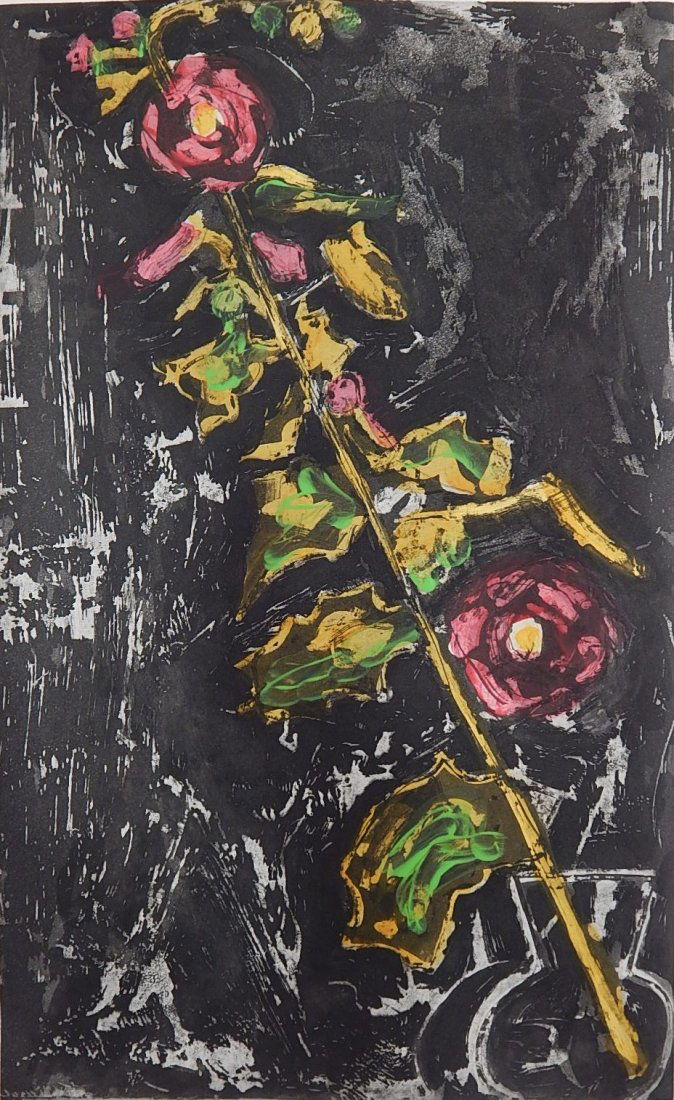 John Walker etching: John Walker (American 20th c.)- ''Diagonal Hollyhocks''- etching with hand-coloring, 2003, signed, dated and numbered 96/200 in pencil, The Print Club of New York presentation print for 2003, very goo