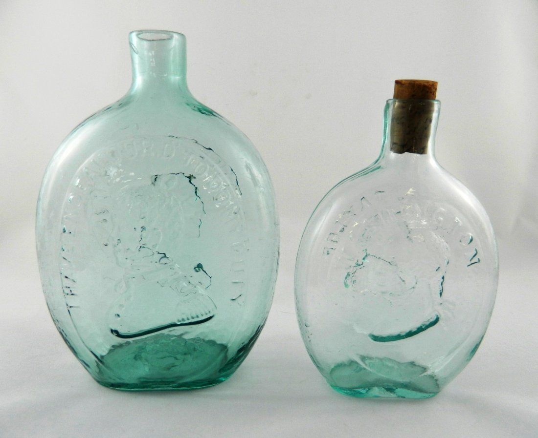 2 Washington aqua flasks: Flasks- 2 Washington aqua- 1.) Washington bust below 'The Father of His Country - Taylor bust below 'I have endeavor'd To Do My Duty', GI-43, quart, aqua, sheared mouth, scarred base; 2.) 'Washington'