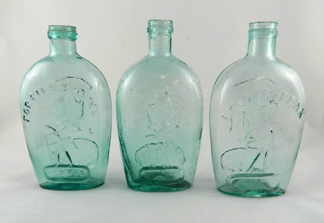 3 'Pike's Peak' aqua pint flasks: Flasks- 3 'Pike's Peak' aqua pint- 1.) 'Pike's Peak'- prospector to left with derby cane and pack above oval panel marked 'Old Rye'- Eagle and Banner above oval panel marked 'Pittsburgh Pa.', GXI-9; 2