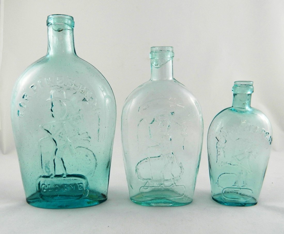 3 'Pike's Peak' aqua flasks: Flasks- 3 'Pike's Peak' aqua- 1.) 'For Pike's Peak'- prospector to left with derby, cane and pack above rectangular panel marked 'Old Rye'- Eagle and banner above oval panel marked 'Pittsburgh PA', GX