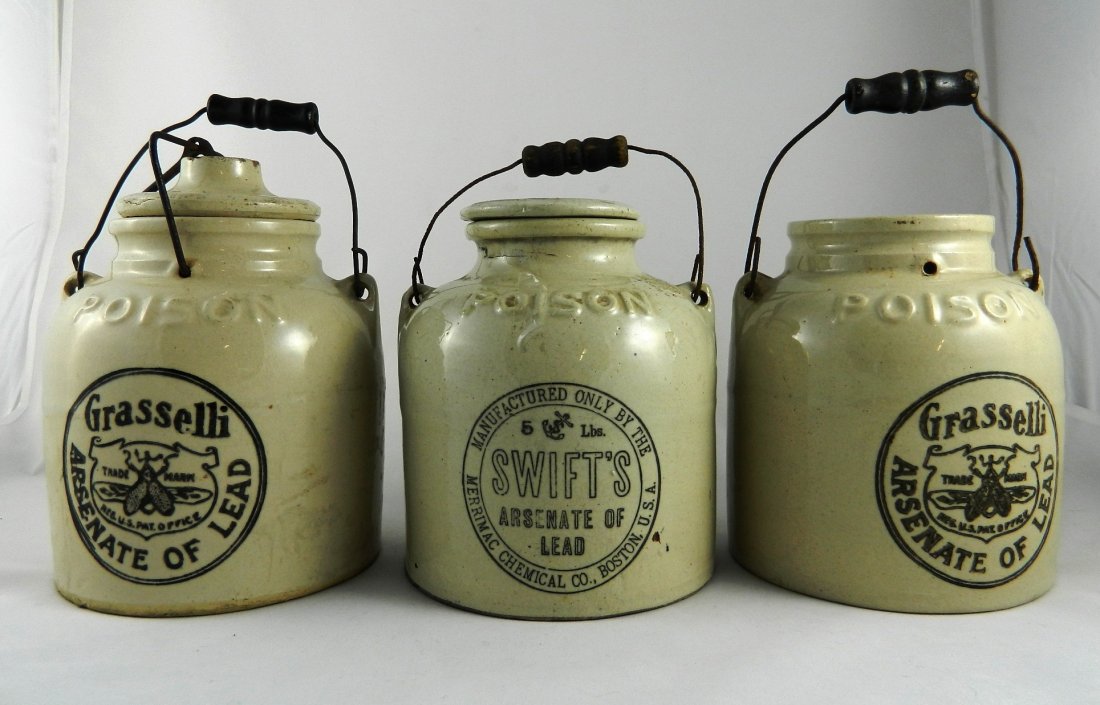 3 Stoneware 5 lbs. Poison crocks: Poison- 3 Stoneware 5 lbs. crocks- 2 Graselli Arsenate of Lid; 1 Swift's Arsenate of Lead; missing 1 lid. 6 3/4''h