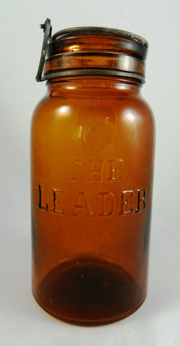 The Leader amber fruit jar