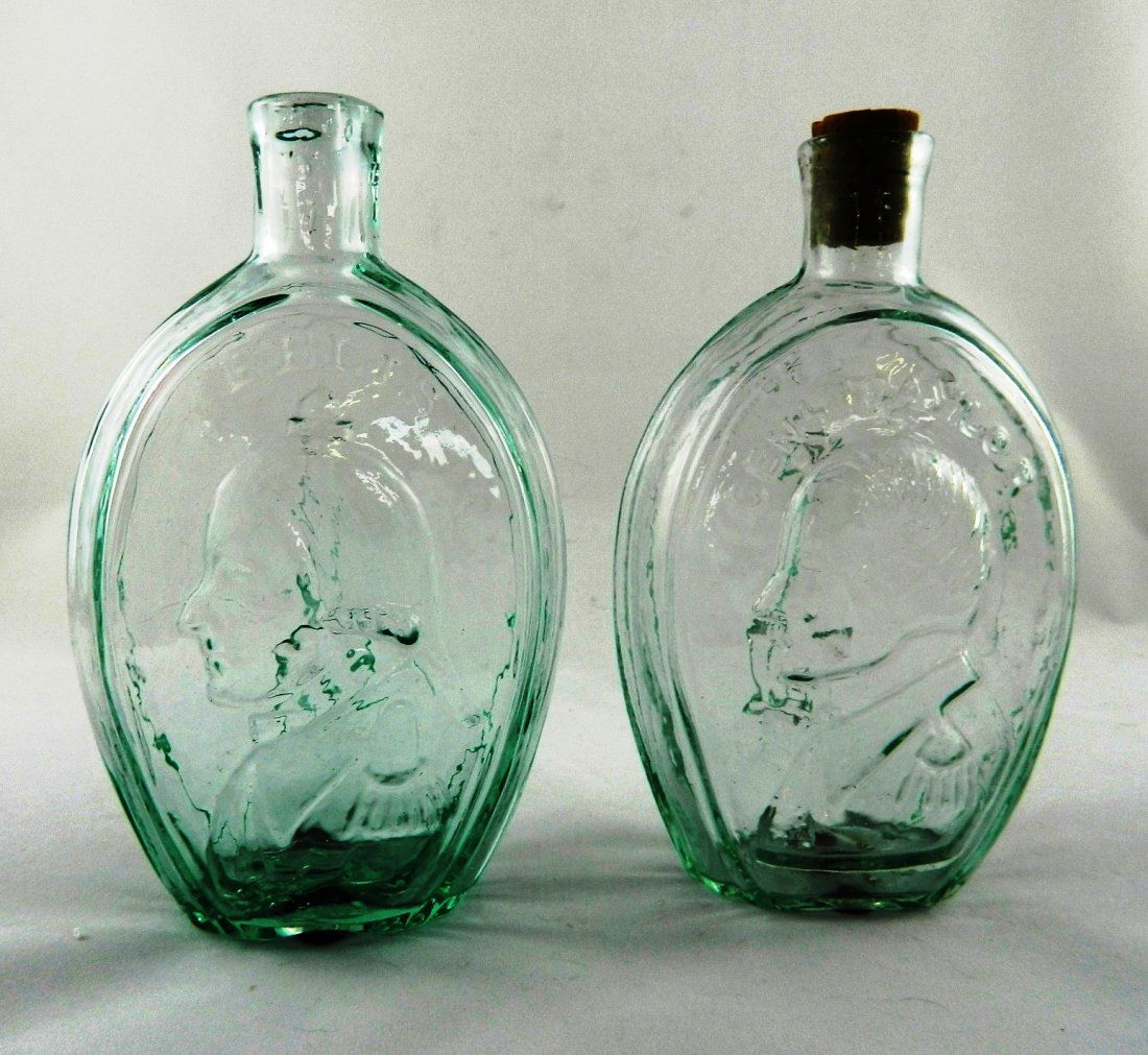 Flasks - 2 Portrait pint: Flasks- 2 Portrait pint- 1.) Washington bust with 'Fells' above and 'Point' below- 'BaHo' below monument, GI-20, aqua, plain lip, scarred base; 2.) 'Genl Taylor' above bust facking left- 'Fells Point'