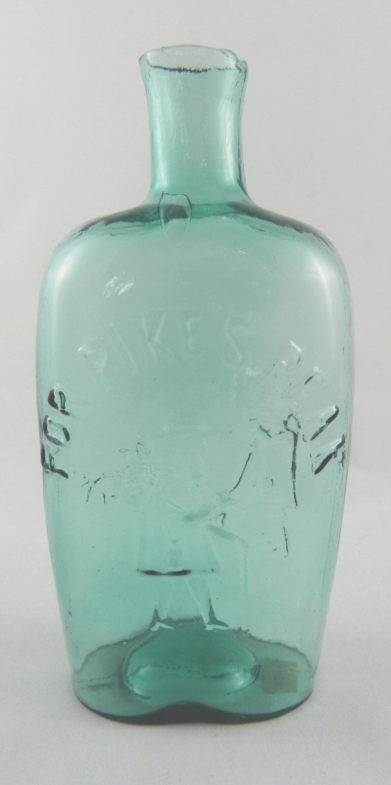 Flask 'For Pike's Peak': Flask- 'For Pike's Peak' prospector to right with hat, pack and cane, pack on left shoulder- Hunter shooting deer to right- GXI-50, pint, aqua, slightly flared straight lip, smooth base. 7 1/4''