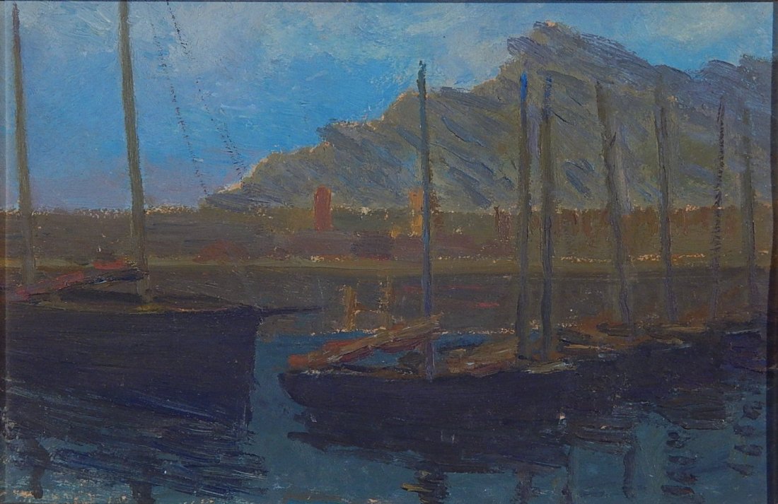 Foster Caddell oil: Foster Caddell (American 1921-2013)- Harbor with Boats- oil on board. 6 x 9''
