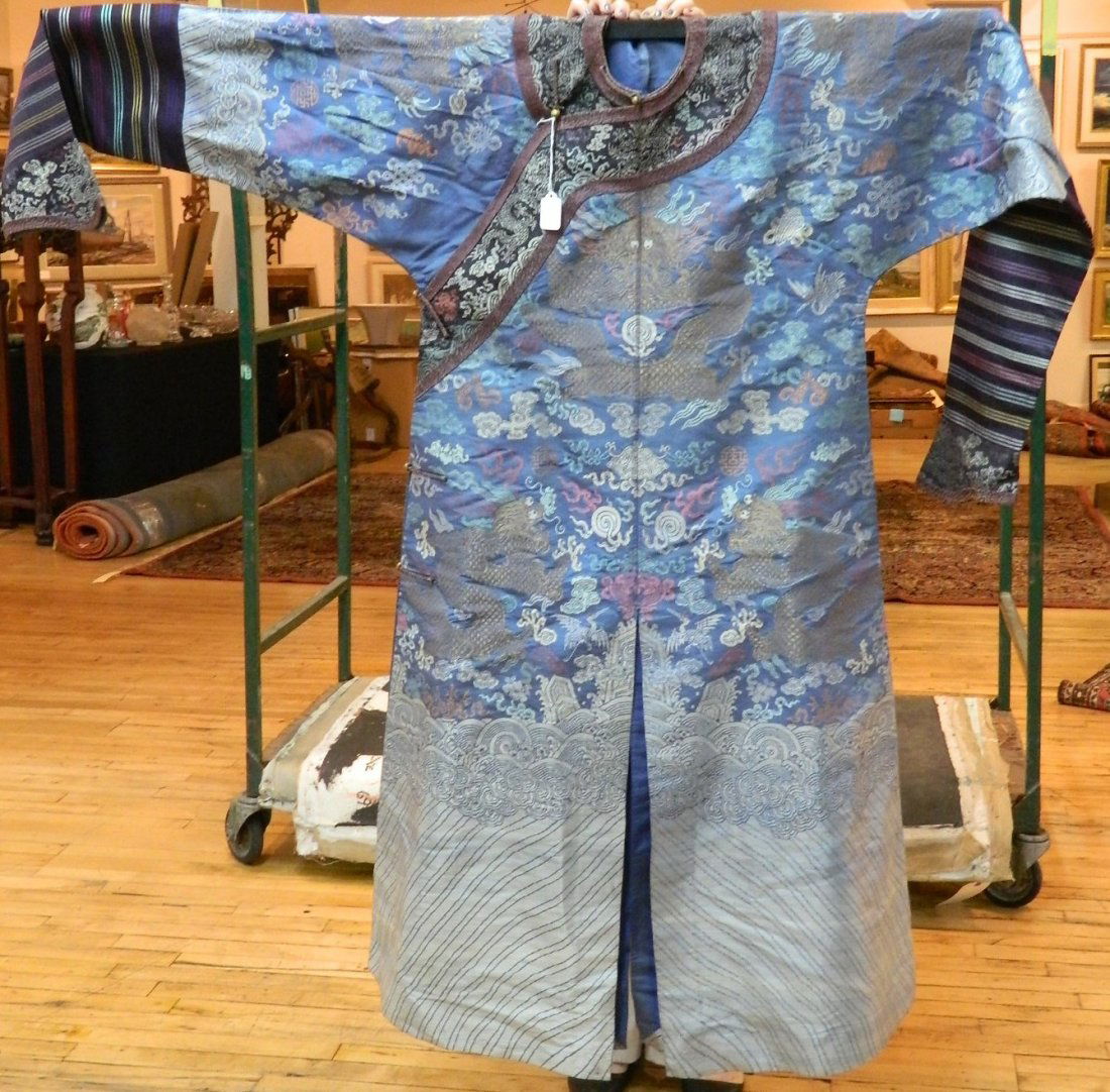 Chinese blue silk embroidered dragon robe (1 of 5)