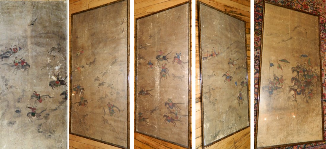 5 Mongolian paintings: 5 Mongolian paintings, depicting hunting scenes. 40 x 18 3/4'' ea.