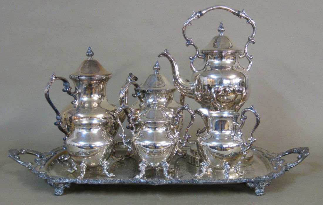 Silver plate 6 piece tea set and tray (1 of 7)