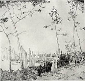 Jean Emile Laboureur etching: Jean Emile Laboureur (French 1877-1943)- ''Promenade Sur La Port'' (Laboureur 482 ii/II)- etching, 1933, signed in pencil, The Print Club of Cleveland publicaction no. 13 for 1935, very good condition