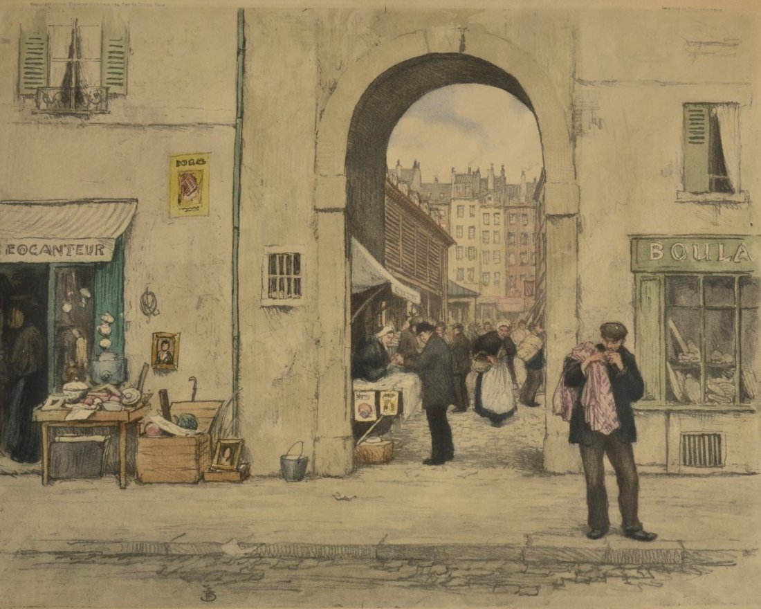 Tavik F. Simon color soft-ground and aquatint: Tavik F. Simon (Czechoslovakian 1877-1942)- ''In The Latin Quarter, Paris'' (Baker 253)- color soft-ground and aquatint, 1927, signed in pencil, mat burn and paper age toned. 12 1/4 x 15 5/8''