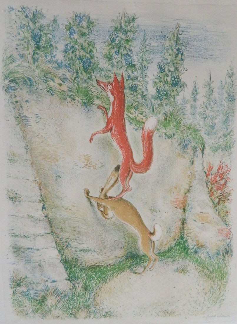 A. Paul Weber lithograph: A. Paul Weber (German 1893-1980)- Fox and Hare- lithograph in colors, 1955, signed and dated in pencil. 19 3/4 x 15''