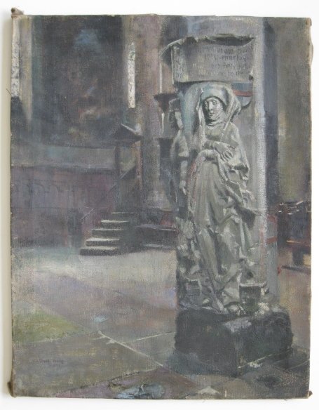 Grace Young oil: Grace Young (American 1869-1947)- Cathedral Interior- oil on canvas, 1895, signed Grace Young 1895 lower left. 27 x 21''