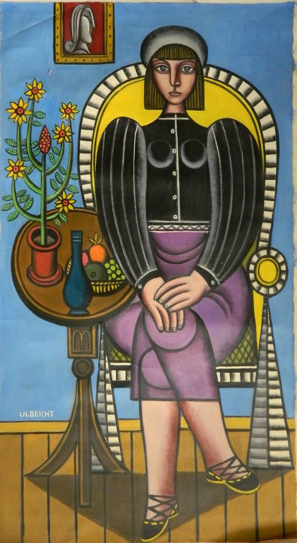 John Ulbricht oil: John Ulbricht (American 1926-2006)- Woman in Chair- oil on canvas, signed Ulbricht lower left. 43 1/2 x 24''