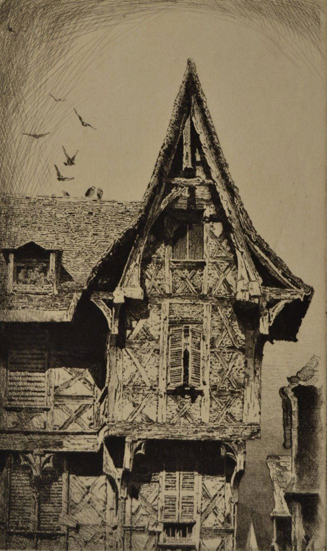 John Taylor Arms etching: John Taylor Arms (American 1887-1953)- ''A Gable in Thiers'' (Fletcher 113)- etching, 1921, signed and titled in pencil, edition of 65, very good condition. 7 3/4 x 4 1/2''