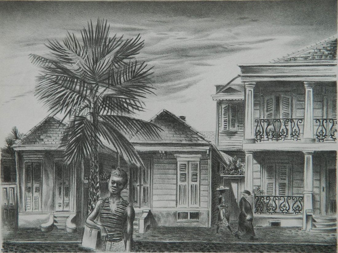 Aaron Bohrod lithograph: Aaron Bohrod (American 1907-1992)- ''New Orleans Street'' (AAA/Czestochowski 1938.011)- lithograph, signed, slightly light struck, otherwise good condition. 9 1/2 x 12 3/4''
