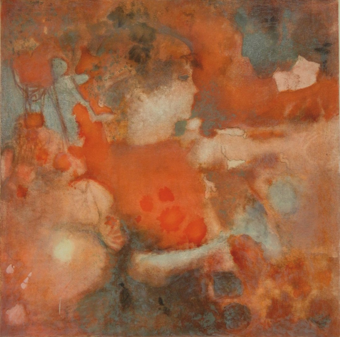 Hector Poleo lithograph: Hector Poleo (American 1918-1989)- Untitled- lithograph in color, signed and numbered 77/120, tear in top margin. 16 1/2 x 16 1/2''