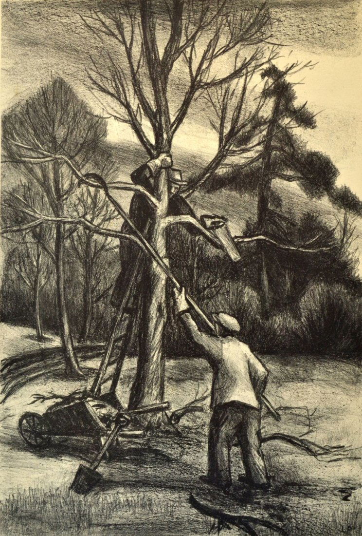 Leonard Pytlak lithograph: Leonard Pytlak (American 1910-?)- ''Pruning''- lithograph, signed and titled in pencil, creases in corners, staining in margins. 13 3/4 x 9 1/4''