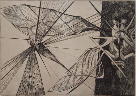 Walter Rogalski etching: Walter Rogalski (American 1923-1996)- ''Locust''- etching, 1954, signed in pencil, edition of 250 plus 10, The Print Club of Cleveland publication no. 32, Print Club stamp in black (Lugt 2049b), stain