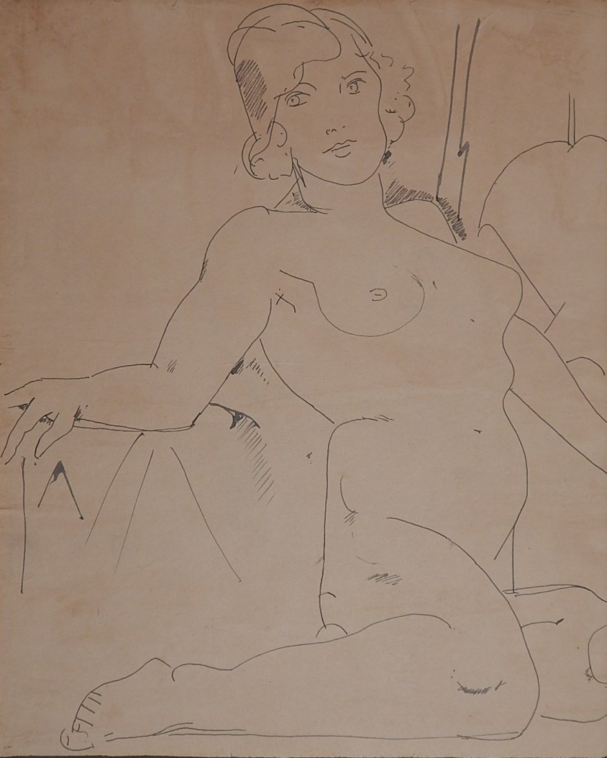 William Sommer pen and ink: William Sommer (American 1867-1949)- Seated Nude- pen and ink on paper, paper age toned. 13 x 10 1/4''