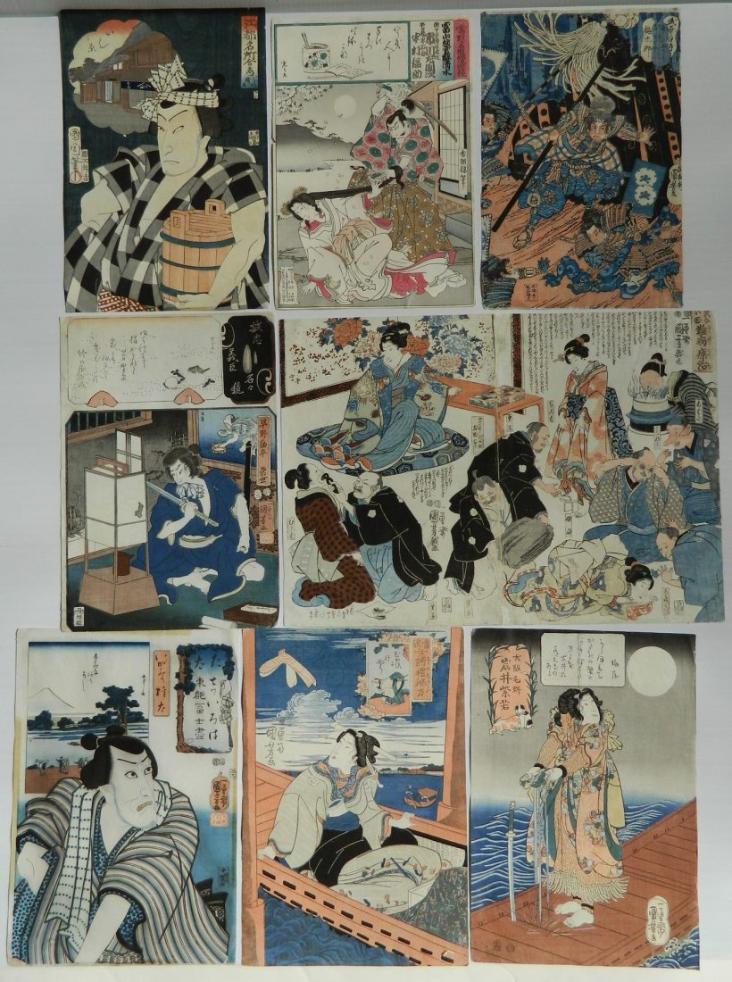 Kuniyoshi Utagawa 6 woodblocks: Kuniyoshi Utagawa (Japanese 1797-1861)- Dr. Kogarashi and Clinic; Momotaro Warrior; Woman on Boat; Woman and the Moon; Man with Sword; Man with Landscape in Background- 6 woodblocks in colors (1 dipty