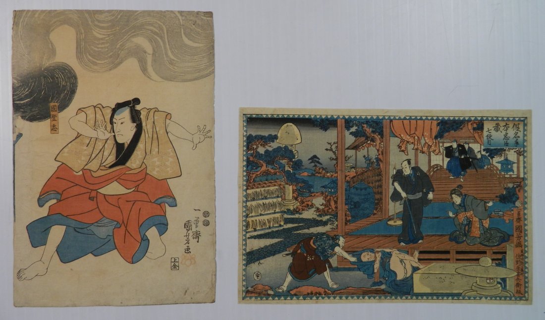 Kuniyoshi Utagawa 2 woodblocks: Kuniyoshi Utagawa (Japanese 1797-1861)- A Scene from Chushingura; ''Kunitoshi''- 2 woodblocks in colors, age toned, handling creases, some repairs on 'A Scene.. Chushingura'. 9 x 14''