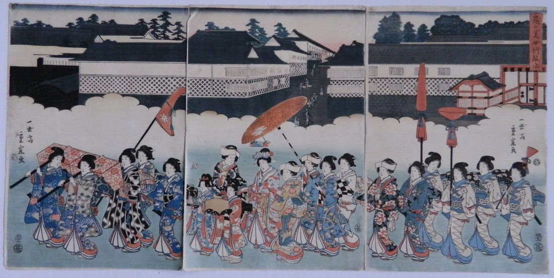Shigenobu Utagawa triptych woodblocks (1 of 10)